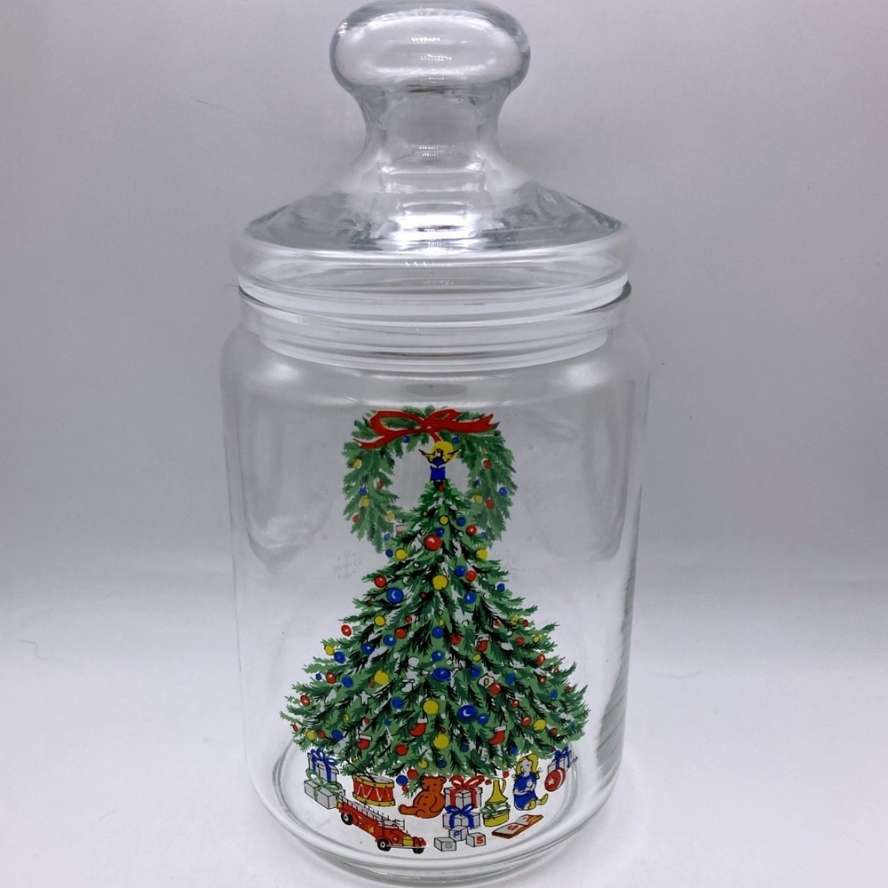 Vtg House Of Salem Noel Christmas Tree Wreath Clear Glass Candy Jar Canister